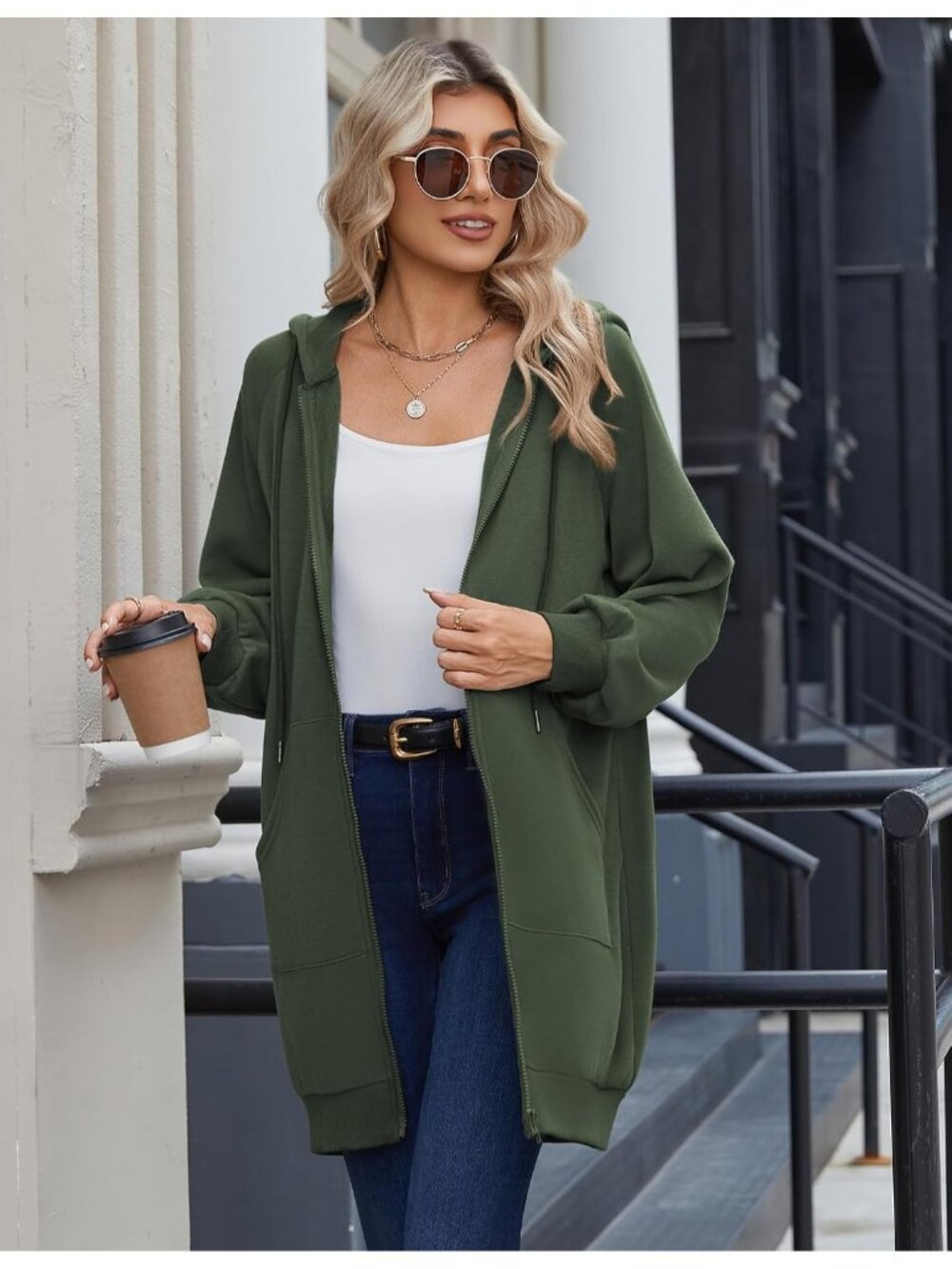 Women's Army Green Long Zip Up Fleece Hoodie Tunic Sweatshirt Pocket Jacket - Picture 6 of 6